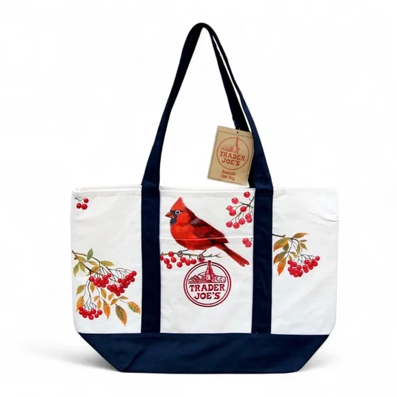 New Hand Painted Trader Joe’s Large Canvas Tote Bag with Red Cardinal and Berry - Picture 1 of 4